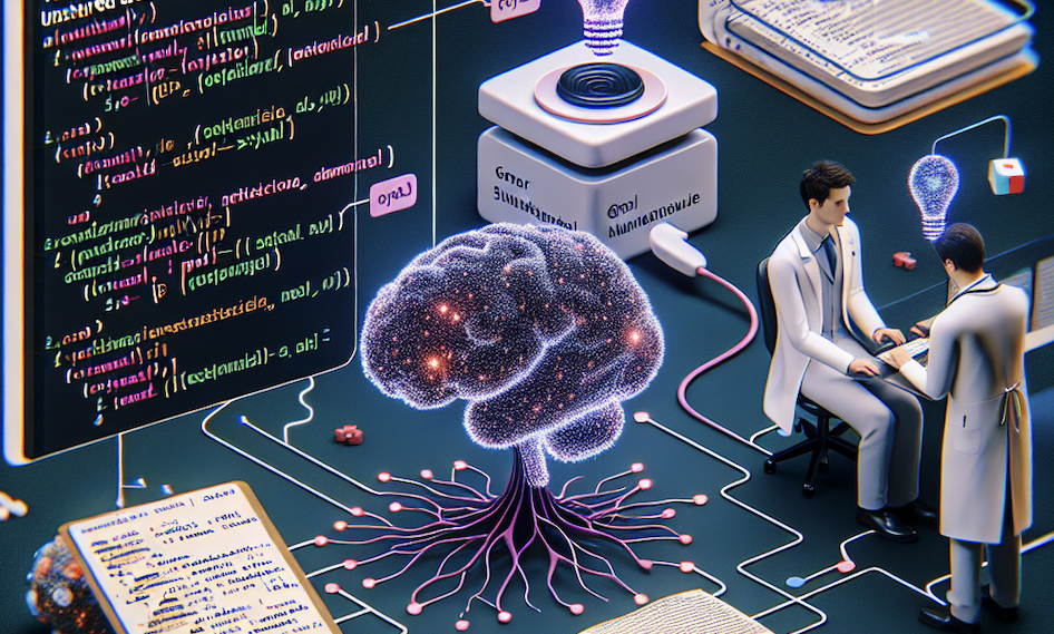 An image created by dall-e-3 using the name of this blog post as the prompt. The image contains a brain in the center connected using circuitry to a code console, with various viruses and other things floating around, and a doctor conducting a medical exam of what seems to be another doctor