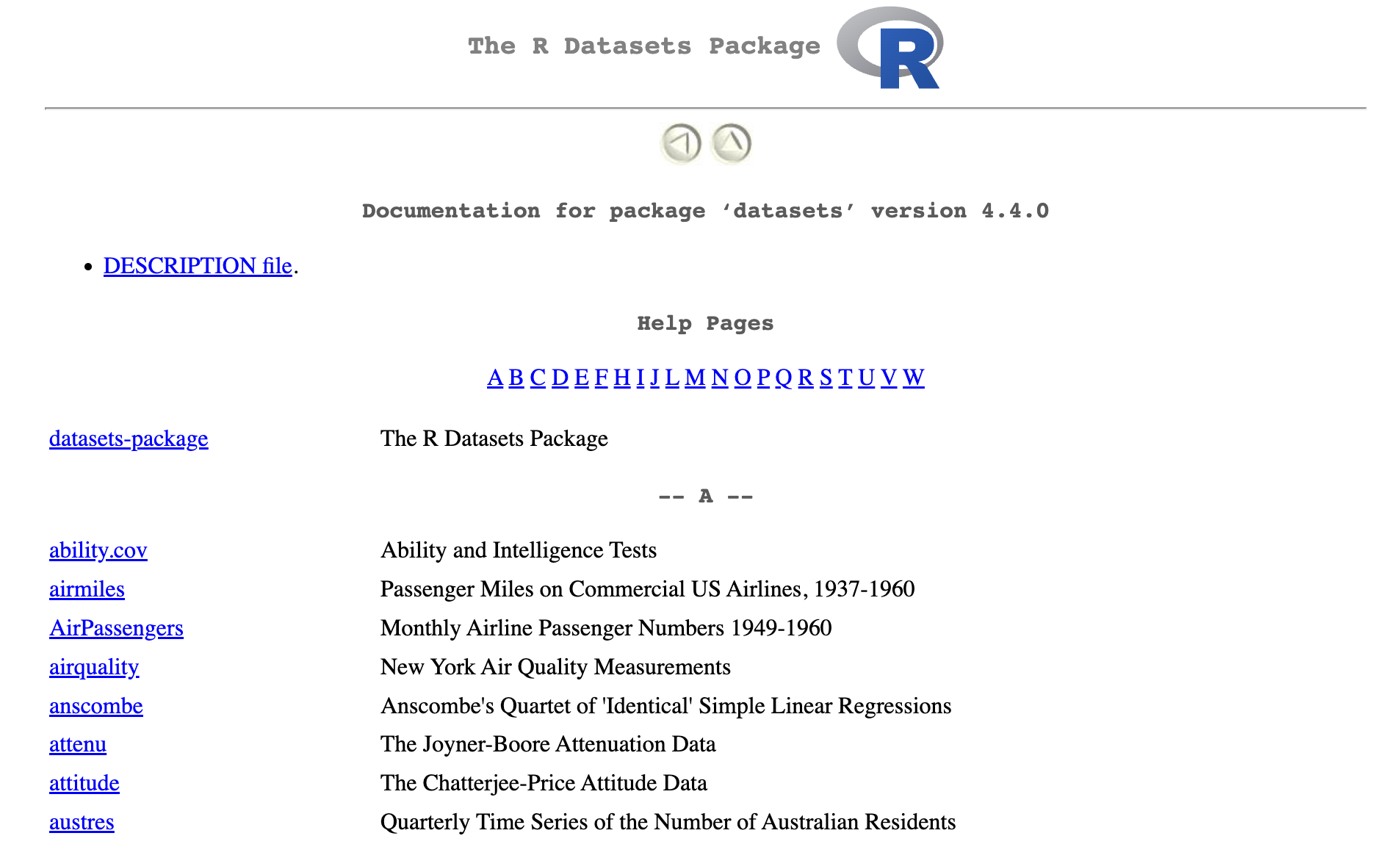 The page displaying the list of datasets from the "Datasets" R package